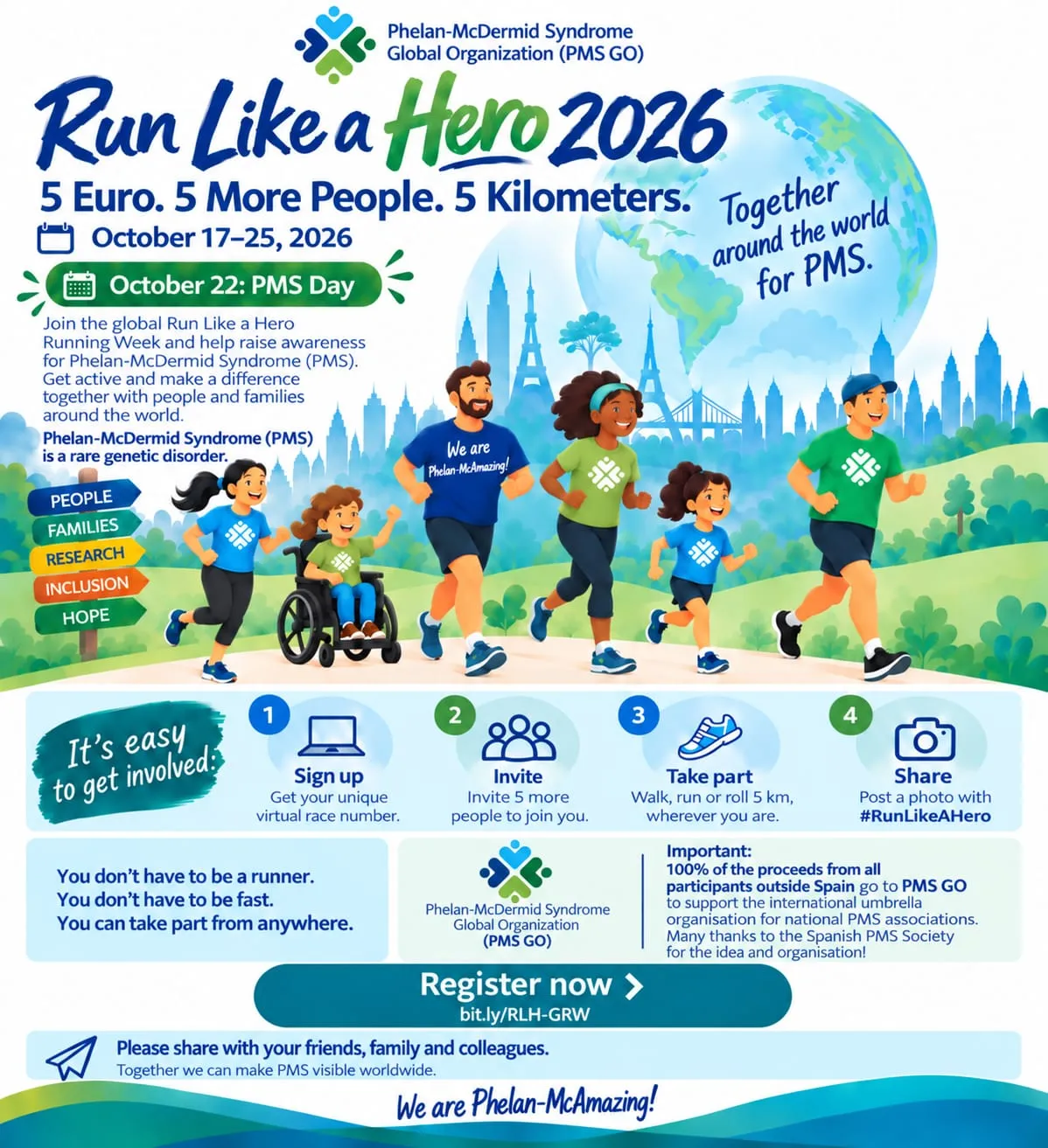 Run Like a Hero 2026 poster: global running week for Phelan-McDermid Syndrome, October 17–25, 2026